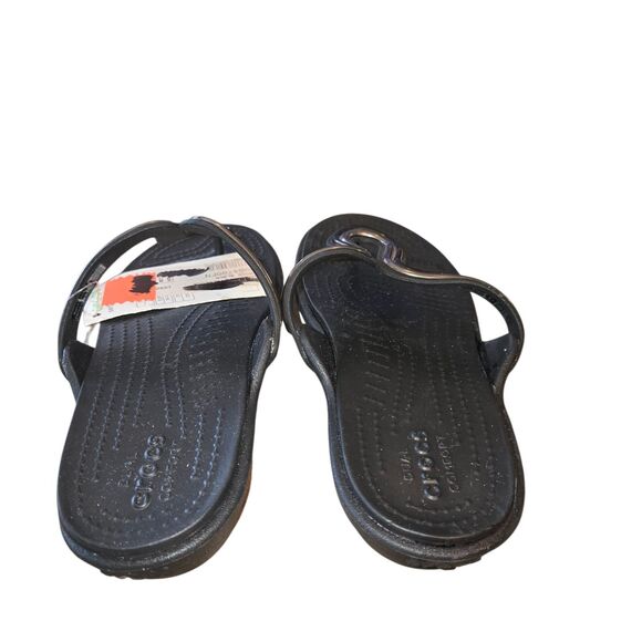 Crocs Women's Sanrah Black Metal Block Flat Flip Flop Thong Sandals Size 6 READ - Picture 3 of 10